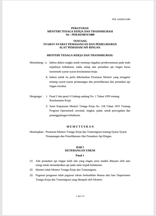 Peraturan Menteri Tenaga Kerja No. 04/MEN/1980 tentang APAR