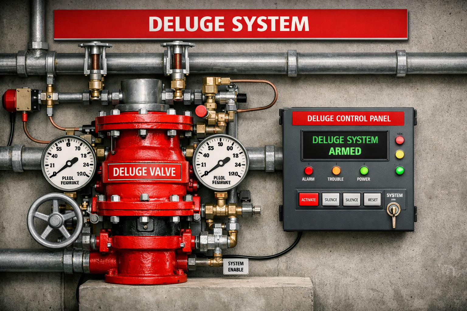 Deluge Sprinkler System, deluge valve and open sprinkler heads industrial site