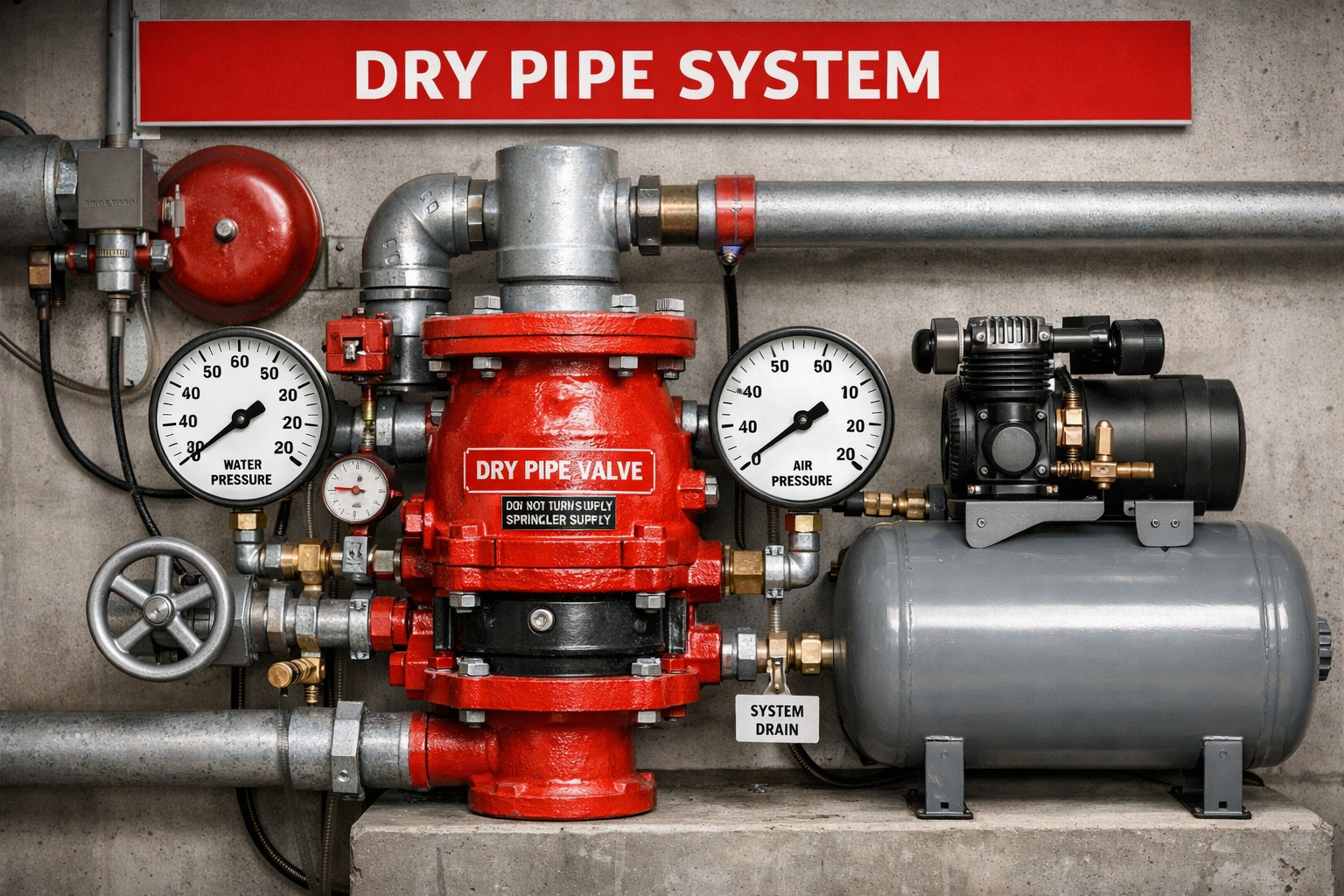 Dry Pipe Sprinkler System, dry pipe valve assembly with air compressor